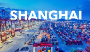 Container ships anchored at Shanghai port waiting to berth during peak season congestion
